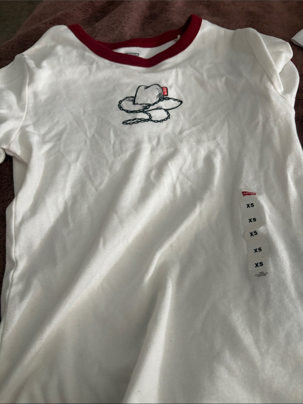 Levi White Tee with Red Trim and Cowboy Hat Graphic